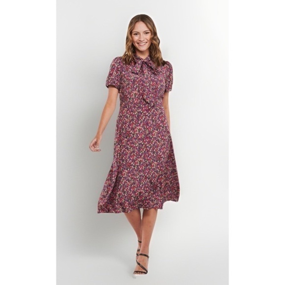 Lauren Ralph Lauren Floral Tie Neck Midi Dress Purple Pink Size 12